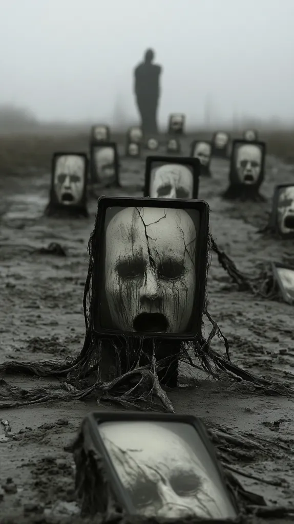 A haunting grayscale image depicts a desolate landscape, muddied and shrouded in fog.  Numerous square frames, resembling old televisions, are partially submerged, each displaying a distorted, screaming face.  These macabre screens are rooted in the mud, stretching out like dark, grasping vines. A lone, indistinct figure stands in the background, adding to the scene's eerie and unsettling atmosphere.  The overall impression is one of profound loneliness and dread.