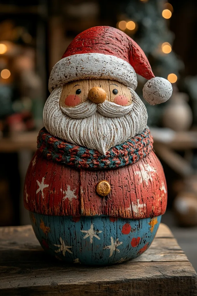 Here's a description of the image:

Close-up view of a charming, handcrafted Santa Claus figurine.  He's depicted in a rustic style, with a red coat adorned with white snowflakes, teal pants with similar snowflake detailing, and a textured, white beard.  He wears a red hat with a white trim and a teal scarf. The figurine appears to be made of a material with a slightly weathered, aged look, adding to its unique character. The background is blurred, showing bokeh lights suggesting a festive setting. The Santa Claus is sitting on a rustic wooden surface.