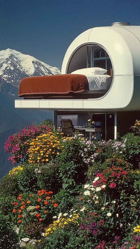A futuristic, white, pod-like home is nestled into a vibrant mountainside garden.  A bed with a rich maroon cover sits within a large circular window, overlooking a snow-capped mountain range under a clear blue sky.  The home's unique architecture contrasts beautifully with the profusion of colorful flowers, creating a striking image of modern design integrated with nature.  A chair and small table are visible on a patio beneath the bedroom.