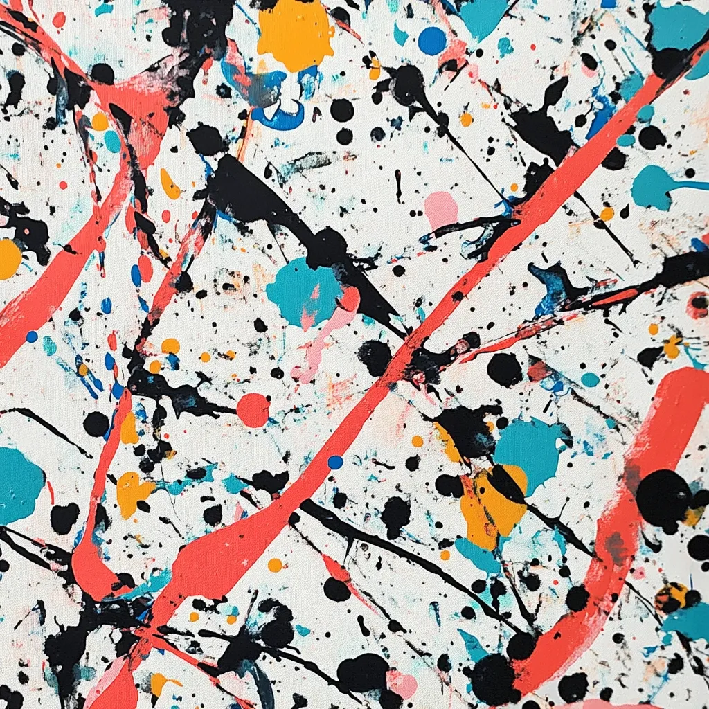 The image is an abstract painting dominated by a white background splashed with vibrant colors.  Bold, coral-red streaks intersect with thinner lines of black, creating a dynamic sense of movement.  Smaller, scattered spots of teal, orange, pink and black add texture and visual interest. The overall effect is energetic and expressive, reminiscent of action painting styles.  The contrasting colors and varied brushstrokes create a lively and visually stimulating composition.