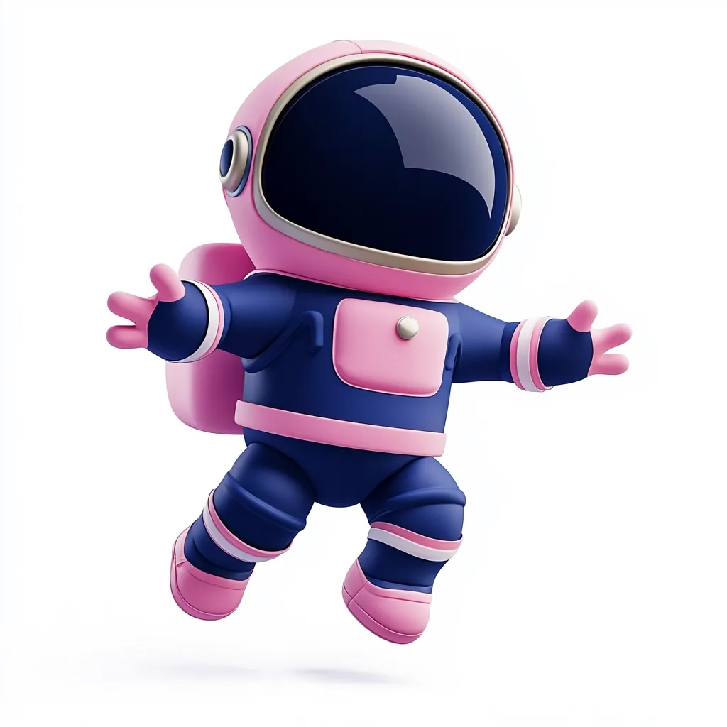 Here's a description of the image:

The image shows a cute, cartoonish rendering of a small astronaut floating in a seemingly weightless environment against a stark white background.  The astronaut's suit is primarily navy blue with bright pink accents on the helmet, chest, and boots.  The helmet's visor is dark, reflecting a deep blue. The astronaut has a small backpack and its arms are outstretched, conveying a sense of joy or freedom. The style is playful and child-friendly, suggesting a character design possibly from a children's book, animation, or game.