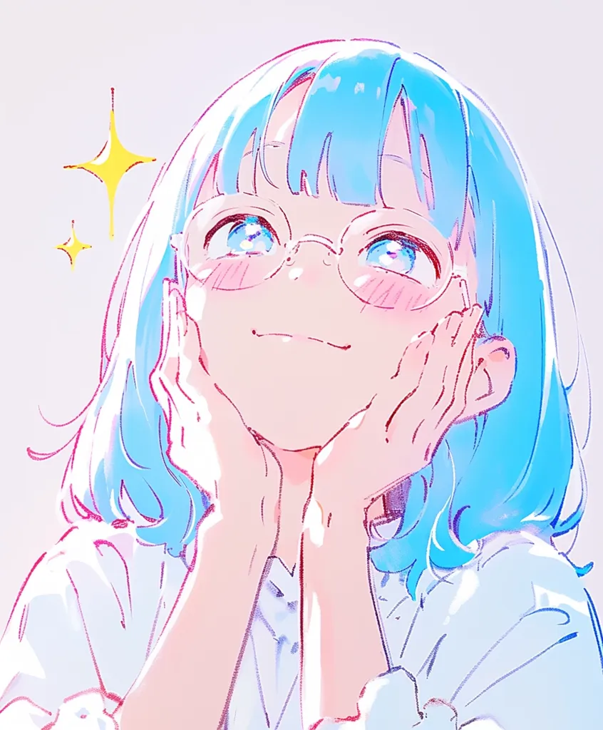 Here's a description of the image:

The illustration showcases a young anime-style girl with vibrant, short, light blue hair. She wears round glasses and has a gentle, dreamy expression.  Her cheeks are softly blushed, and her hands are delicately cupped beneath her chin. She's dressed in a light-colored, loose-fitting shirt.  Two small, yellow stars are subtly placed in the upper left corner, adding to the whimsical, lighthearted mood. The art style is soft and ethereal, with pastel coloring and slightly blurred lines, giving a dreamy, almost translucent quality to the character.