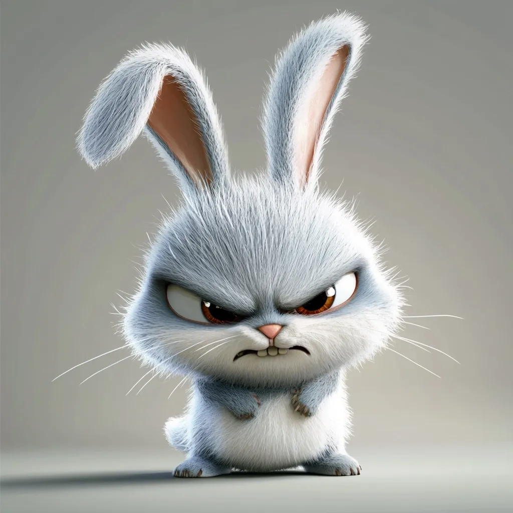 Here's a description of the image:

The image shows a digitally rendered, cartoon rabbit with a furious expression. Its fur is predominantly light gray, with a lighter, almost white, underbelly.  The rabbit's ears are long and fluffy, and its eyes are narrowed, conveying intense anger. Its mouth is slightly open, revealing clenched teeth. The rabbit appears small and compact, with a  slightly grumpy posture.  The background is a neutral gray, focusing all attention on the character's expression. The overall style is reminiscent of a 3D animated film character.
