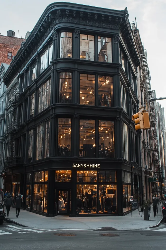 Here's a description of the image:

The photograph showcases a striking, dark-colored commercial building, possibly a boutique or high-end store, situated on a city corner. Its distinctive feature is its extensive, multi-story glass frontage, illuminated from within by warm lighting, displaying merchandise. The building's dark exterior contrasts sharply with the bright interior, creating a dramatic effect. The name "SANYSHHINE" is subtly displayed above the storefront. Pedestrians are visible on the sidewalk, adding a sense of urban life to the scene.  The overall aesthetic is modern and stylish, blending vintage architectural details with contemporary design.