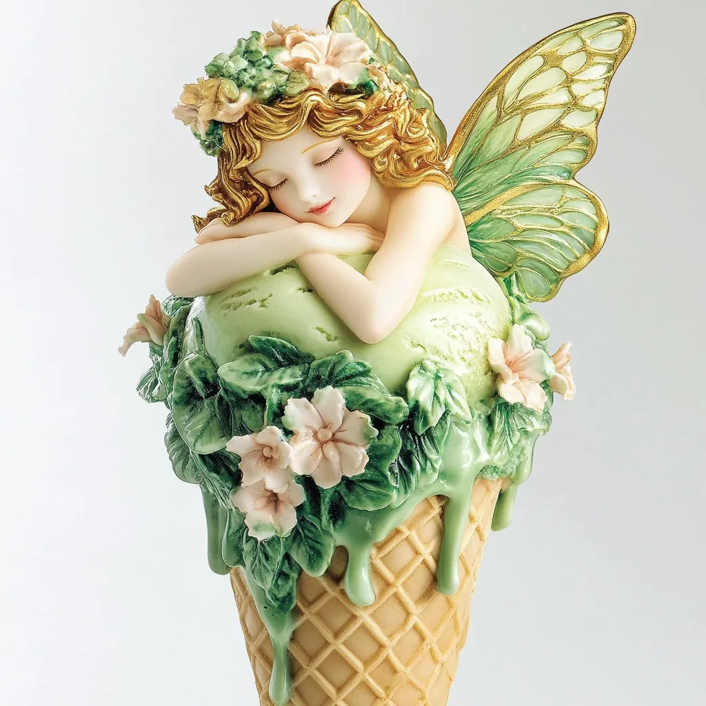 A charming figurine depicts a fairy nestled atop a melting scoop of pistachio ice cream in a waffle cone.  The fairy, with golden hair adorned with flowers, rests peacefully, her arms folded beneath her chin.  Delicate green leaves and blossoms encircle the ice cream, adding to the whimsical, dreamlike quality of the piece.  The fairy's translucent wings are a striking contrast to the creamy, pastel tones of the ice cream.  The overall effect is one of serene beauty and fantastical sweetness.