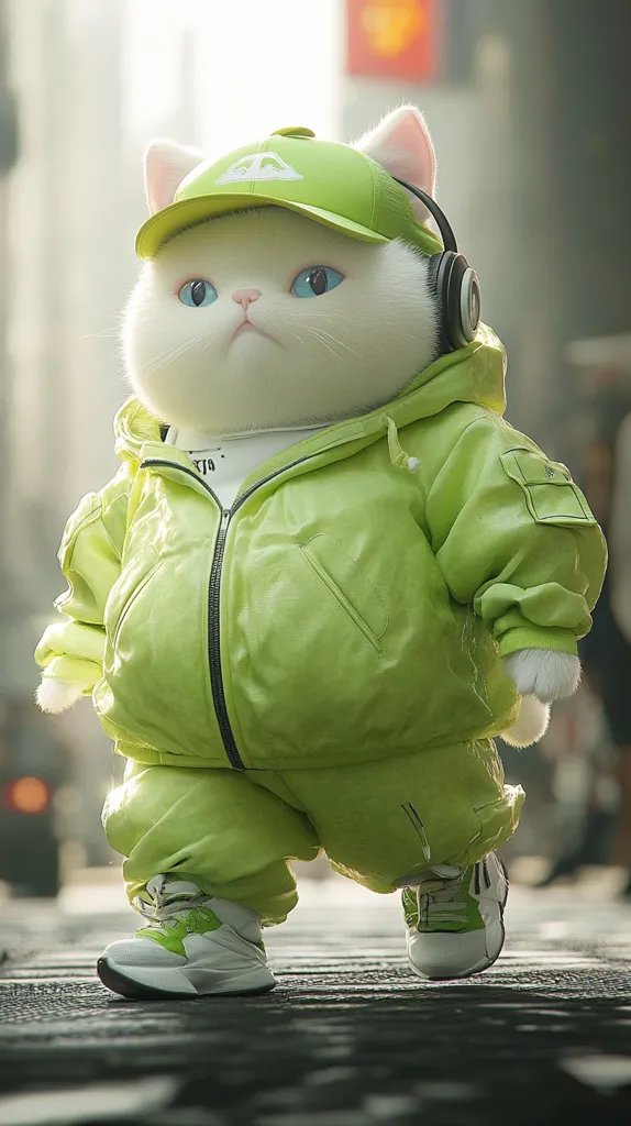 A digitally rendered image showcases a chubby white cat dressed in stylish streetwear.  The cat wears a lime green hooded jacket, matching pants, white sneakers, a green baseball cap, and over-ear headphones. Its large, expressive blue eyes are captivating. The backdrop suggests a city street, adding to the urban chic aesthetic of the scene. The overall effect is playful and charming.