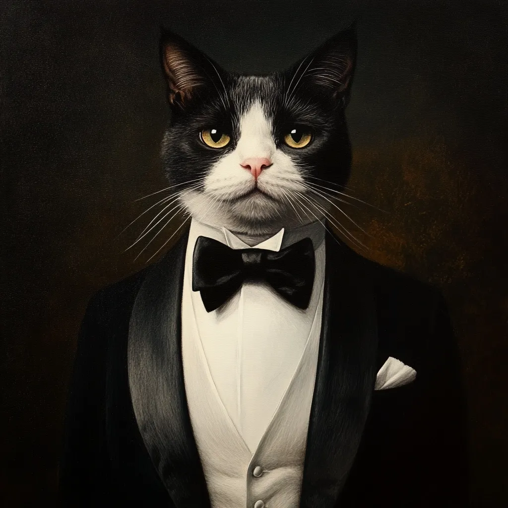 The painting depicts a tuxedo-clad cat, rendered in a style reminiscent of classical portraiture.  The cat, a black and white feline with intense golden eyes, is the focal point, its serious expression conveying a sense of dignity.  The meticulously detailed tuxedo, complete with bow tie and pocket square, contrasts sharply with the dark background, emphasizing the cat’s sophisticated appearance. The overall effect is humorous yet elegant, a playful juxtaposition of animal and formal attire.