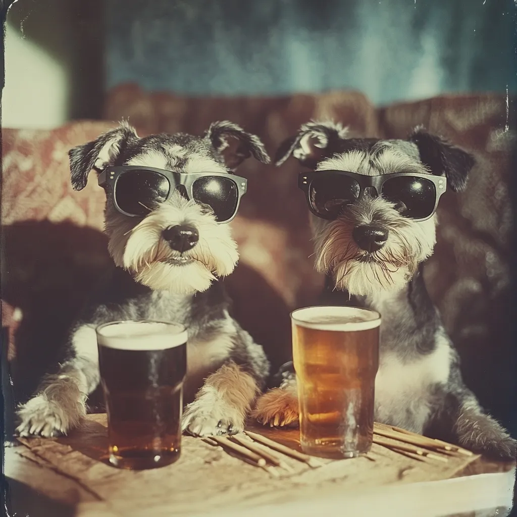 Two miniature schnauzers, sporting black sunglasses, sit side-by-side at a pub-like setting. Each dog has a pint glass in front of them; one appears to contain dark beer, the other, light.  The dogs gaze directly at the viewer, their expressions serious yet somewhat comical. The scene is bathed in warm, vintage-style lighting, creating a nostalgic atmosphere.  A wooden surface holds the drinks and a scattering of what appears to be matchsticks or cocktail stirrers.