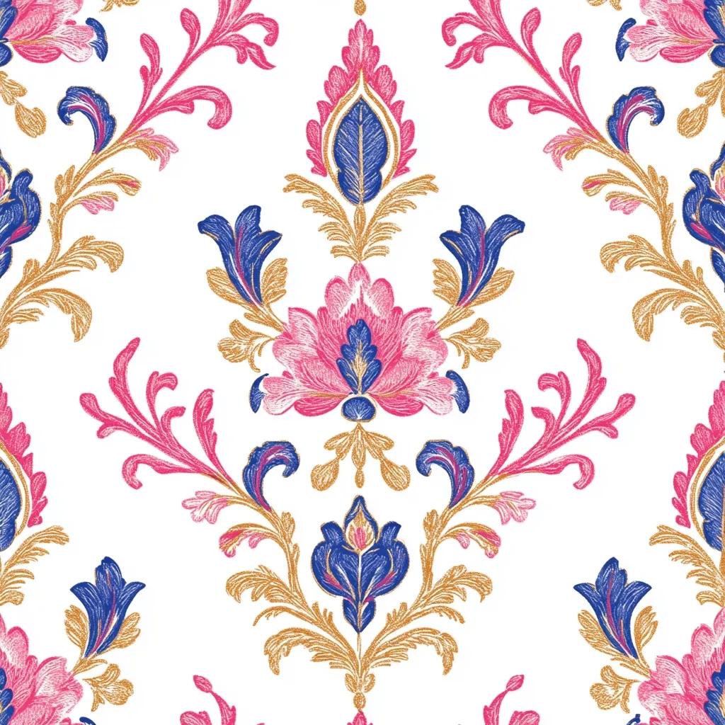The image showcases a repeating pattern of ornate damask-style floral designs.  Pink and blue flowers are the central motif, surrounded by intricate gold-toned scrolling leaves and flourishes. The style is reminiscent of classical or Rococo design, with a vibrant color palette against a stark white background. The overall effect is one of elegant, symmetrical beauty, suitable for fabric, wallpaper, or other decorative applications.  The texture appears hand-drawn or digitally rendered to mimic a hand-drawn texture.