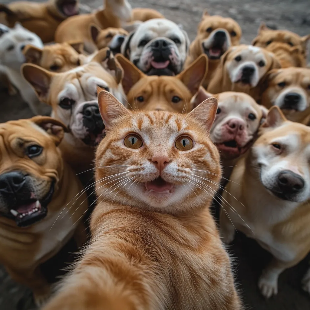 Here's a description of the image:

A ginger cat takes a selfie surrounded by a multitude of dogs of varying breeds and colors. The cat is positioned in the foreground, its face close to the camera, paws extended as if holding a phone. The dogs, mostly light brown and tan, surround the cat, some appearing friendly and playful, their mouths open in various expressions. The background is blurred, focusing attention on the animals in the close-up. The overall mood is humorous and heartwarming, showcasing a unique interspecies bond.