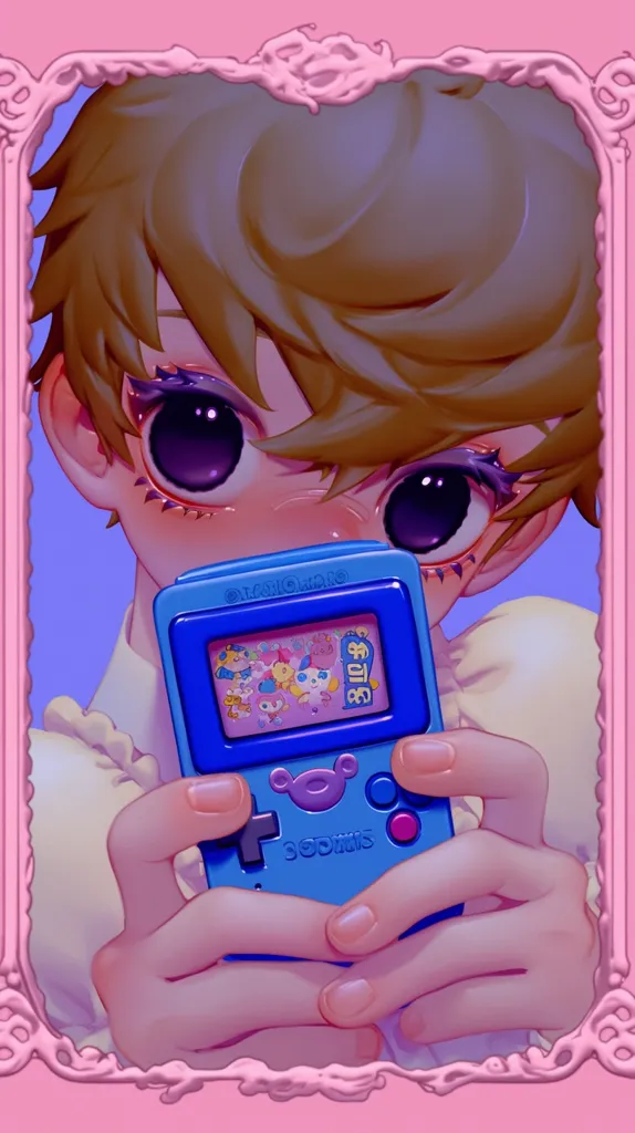 Here's a description of the image:

The illustration showcases a close-up of a young person with large, expressive eyes and light brown hair, framed within a pink, ornate border.  Their hands gently hold a small, blue handheld game console, reminiscent of a classic Game Boy, featuring cartoon characters on the screen. The overall style is soft, pastel-toned, and reminiscent of anime or manga art, with a dreamy, slightly whimsical feel. The character's expression is serene and pleasant, suggesting a state of peaceful enjoyment. The image has a distinctly cute and charming aesthetic.