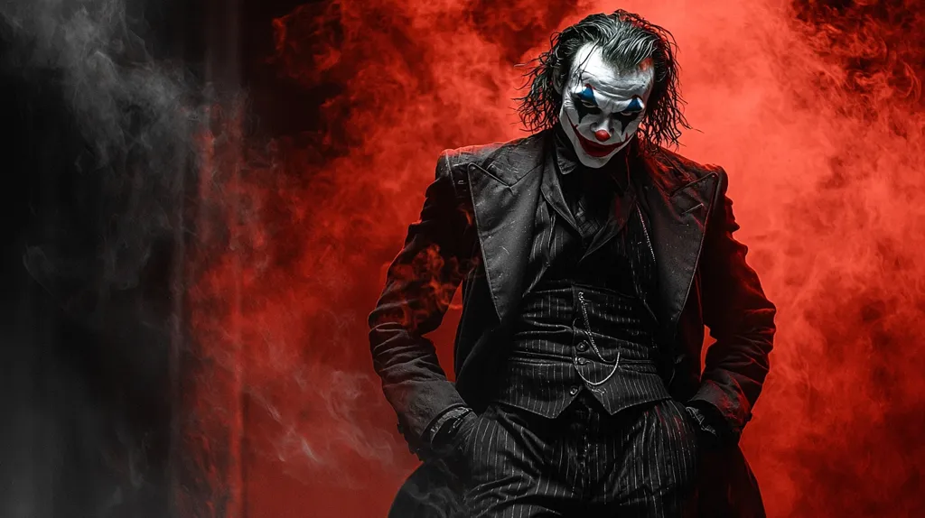 A person, styled as the Joker, is captured in a dramatic pose against a backdrop of swirling red and gray smoke.  He wears a dark pinstripe suit and overcoat, his hands resting in his pockets. The Joker's makeup is stark white with a crimson smile and blue accents around his eyes.  The overall mood is dark, intense, and theatrical, emphasizing the character's sinister nature. The contrasting smoke colors heighten the visual impact.