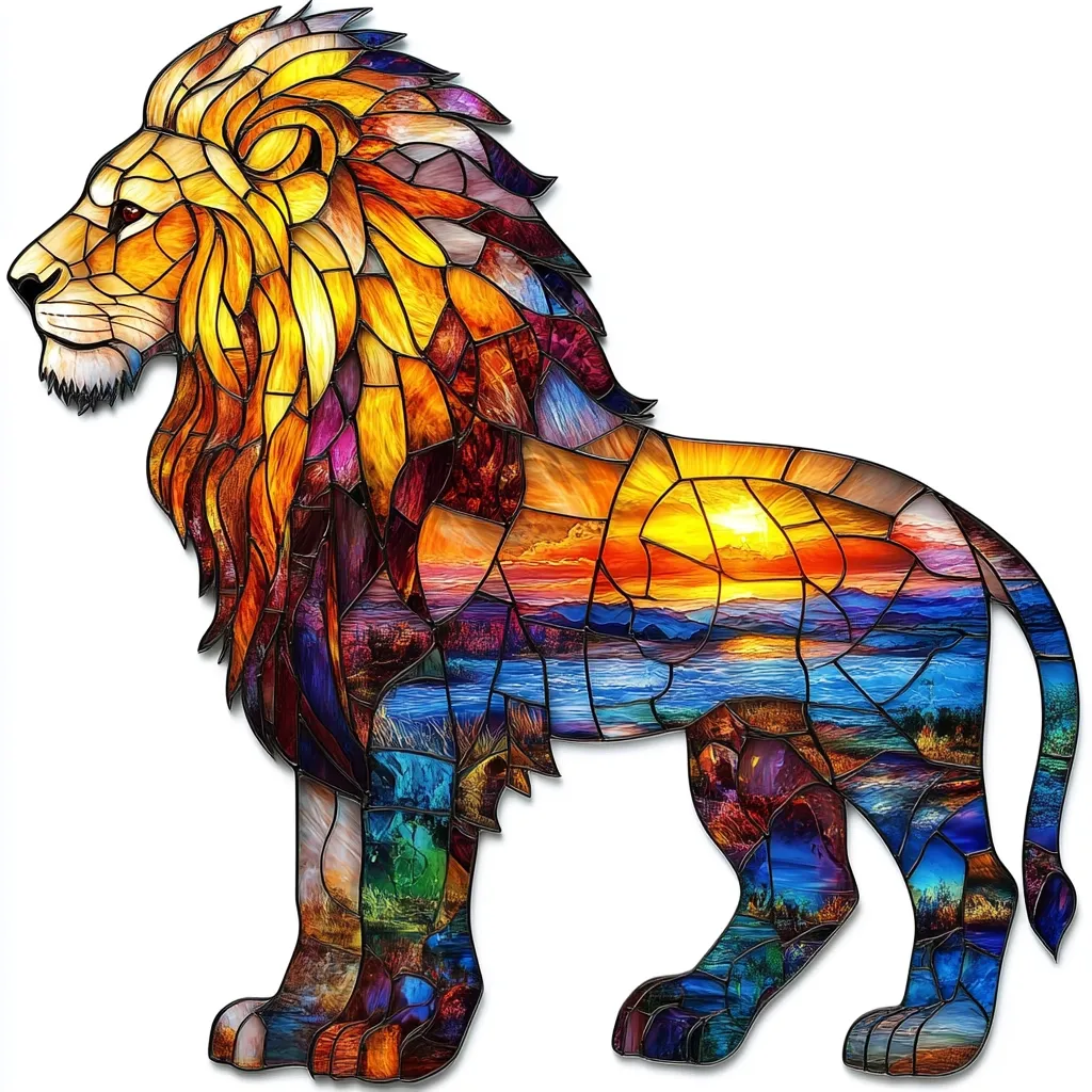 Here's a description of the image:

The image depicts a majestic lion rendered in a stunning stained-glass style.  Its mane is a vibrant blend of oranges, yellows, and purples, while its body incorporates a breathtaking landscape scene.  The landscape, visible through the lion's form, showcases a vivid sunset over a tranquil body of water, mountains, and diverse flora. The overall effect is a powerful and beautiful fusion of animal portraiture and nature's scenery, created with rich colors and intricate detailing reminiscent of a stained-glass window.