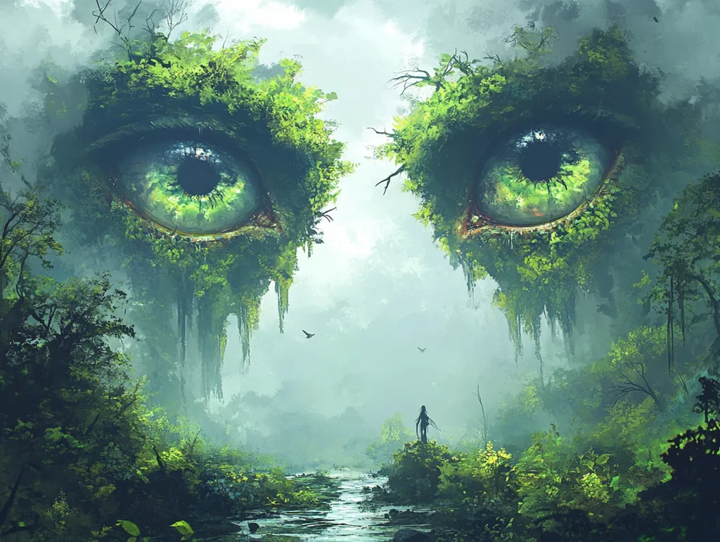 Here's a description of the image:

The artwork depicts a surreal, mystical landscape.  Dominating the scene are two enormous eyes formed from lush, verdant vegetation, hanging like islands in a misty forest.  The eyes, with vibrant green irises, possess a sense of ancient power and wisdom.  A small, lone figure stands on a riverbank in the foreground, dwarfed by the scale of the eyes, creating a dramatic contrast. The overall atmosphere is serene yet slightly ominous, suggesting a hidden, magical realm.  The river flows gently through the misty, green environment.