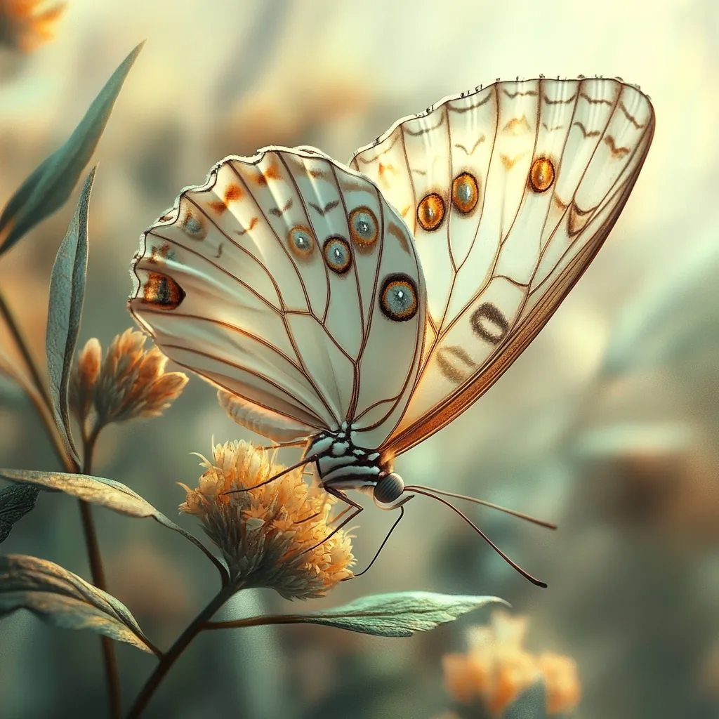 A large, delicate butterfly with creamy white wings adorned with intricate brown and teal markings rests on a soft, yellow flower.  The butterfly's wings are partially open, revealing intricate venation. The background is a soft, blurred bokeh of muted greens and browns, suggesting a natural, sun-drenched setting. The overall mood is serene and peaceful, highlighting the beauty of the insect and its natural environment. The image has a digitally enhanced, almost ethereal quality.