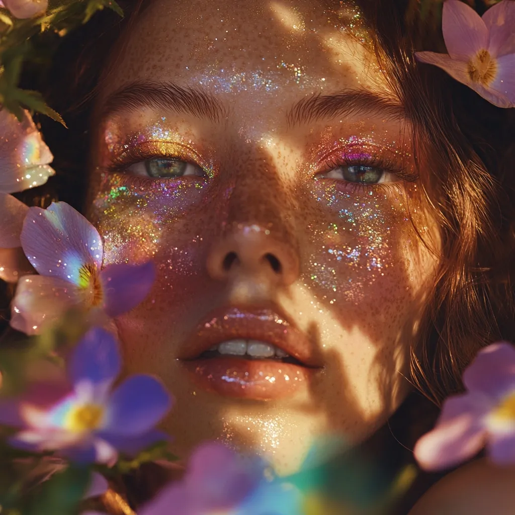 Close-up of a young woman's face adorned with iridescent glitter makeup.  Her freckles are visible through the shimmering particles, which accentuate her eyes and cheekbones.  She is surrounded by soft purple flowers, creating a whimsical, ethereal atmosphere.  Sunlight casts shadows on her face, enhancing the overall dreamy and magical quality of the image. The focus is sharp on her face, drawing attention to the detailed makeup and natural beauty.