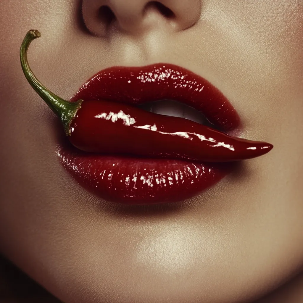 Close-up view of a woman's luscious, full lips painted a deep, glossy red.  A vibrant red chili pepper is delicately held between her lips, its glossy surface mirroring the shine of her lipstick. The image is sharply focused, highlighting the texture of both the lips and the pepper, creating a visually striking and sensual contrast of color and form. The overall aesthetic is suggestive and slightly provocative.