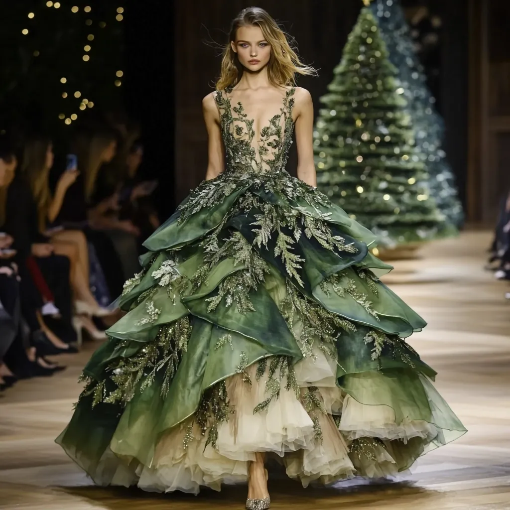 A model gracefully showcases a stunning green gown on a runway. The voluminous, tiered dress features intricate leaf-like embellishments cascading down its layers, creating a lush, almost forest-like effect.  The dress's bodice is sheer, adorned with delicate embroidery. The overall look is ethereal and romantic, with a softly shaded green palette and a hint of sparkle.  The background subtly features a decorated Christmas tree, adding a touch of festive elegance.