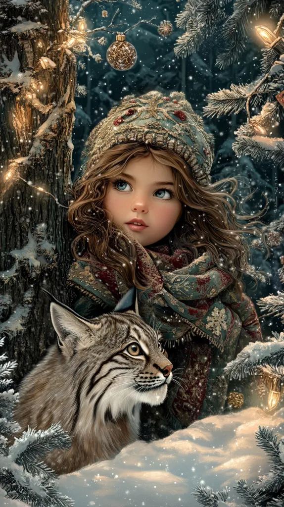 A digital painting depicts a young girl with long brown hair, wearing a warm winter hat and scarf, standing in a snowy forest.  She is accompanied by a lynx, its gaze directed alongside hers.  Christmas lights twinkle on nearby trees, adding a magical, festive atmosphere to the winter scene. Snow softly falls, creating a serene and enchanting winter wonderland. The girl and lynx appear to share a calm and peaceful moment.