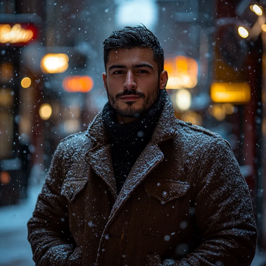 Here's a description of the image:

A young man with dark hair and a well-groomed beard stands in a softly falling snow. He wears a dark brown, slightly textured jacket dusted with snowflakes, over a black turtleneck.  The background is blurred but shows a city street at night, with warm-toned lights from buildings and shops visible through the snow.  His expression is serious and direct, meeting the camera's gaze. The overall mood is moody and atmospheric, creating a sense of quiet urban winter.