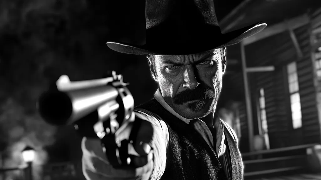 A black and white close-up shot depicts a stern-faced man, wearing a wide-brimmed cowboy hat and vest, aiming a revolver directly at the viewer. His intense gaze and handlebar mustache accentuate his serious expression.  The background is blurred, showing a dark, possibly nighttime, setting with a wooden building partially visible. The overall mood is one of tension and impending action, evocative of a Western film.