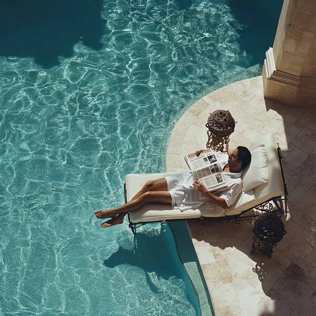 Here's a description of the image:

High-angle view of a man relaxing on a chaise lounge by a sparkling turquoise swimming pool. He's casually dressed in a white shirt and shorts, engrossed in reading a magazine. The lounge chair is positioned on a sun-drenched stone patio adjacent to the pool. Ornate stonework and decorative metal accents add to the luxurious setting. The scene evokes a feeling of calm, sophisticated leisure.  Sunlight creates shadows and highlights on the patio, enhancing the tranquil ambiance.