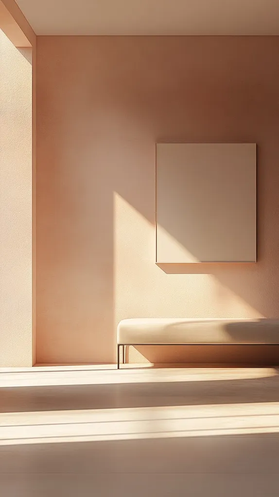A minimalist interior scene is bathed in warm, natural light.  A pale peach wall features a large, off-white square artwork centered.  A low, light beige bench sits before it, its simple lines echoing the room's understated elegance.  Sunlight streams through a window to the left, casting soft shadows across the light wood floor. The overall aesthetic is calm and serene, emphasizing clean lines and neutral tones.