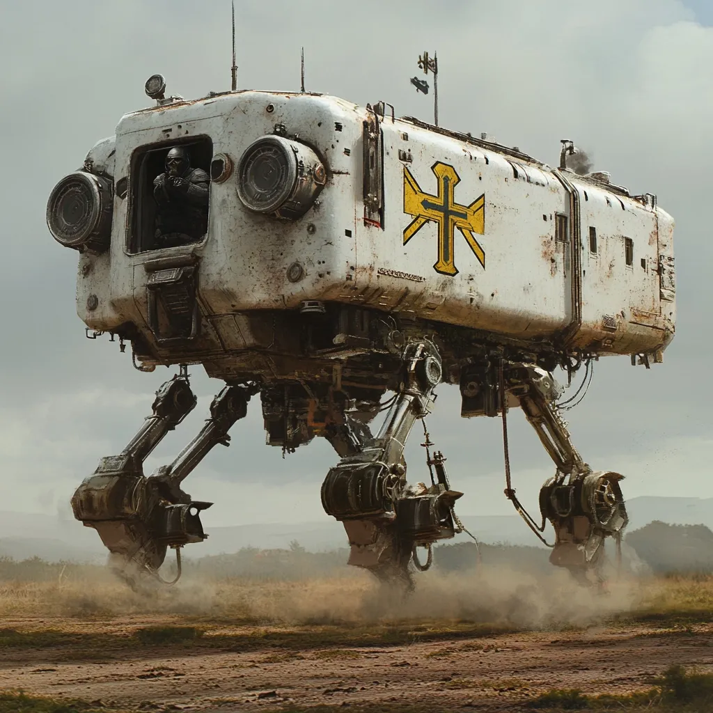 A weathered, white, six-legged walker, reminiscent of a futuristic military vehicle, traverses a dusty landscape.  A soldier in dark armor is visible inside the walker's cockpit.  The vehicle displays a large, yellow cross emblem on its side. The scene suggests a post-apocalyptic or science fiction setting, with a muted color palette and a sense of desolation. Dust clouds trail behind the walker's legs as it moves across the barren ground.