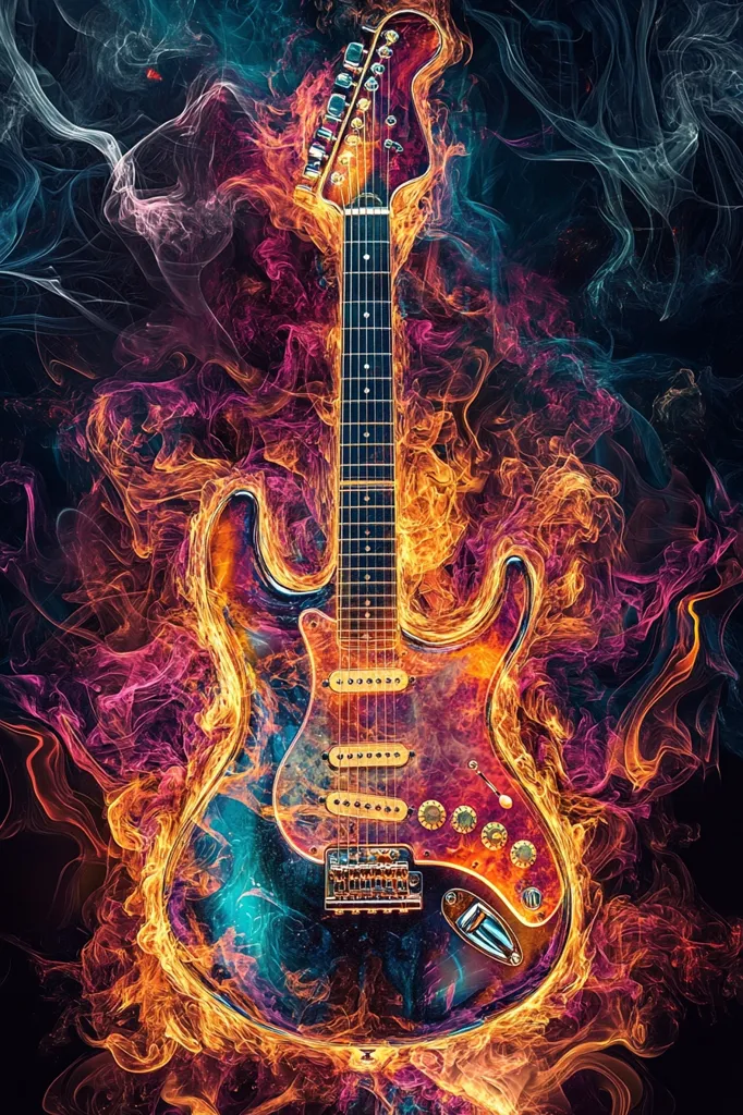 Here's a description of the image:

The image is a vibrant, stylized depiction of an electric guitar engulfed in flames and smoke. The guitar, seemingly a Stratocaster-type, is rendered with a dark, metallic body overlaid with swirling colors of orange, purple, and teal, mimicking the effect of fire.  The flames and smoke are multicolored, with shades of orange, pink, and blue, creating a dynamic and energetic composition. The background is dark, allowing the fiery guitar to stand out prominently. The overall style suggests a digital artwork, possibly AI-generated, combining photorealism with fantastical elements.