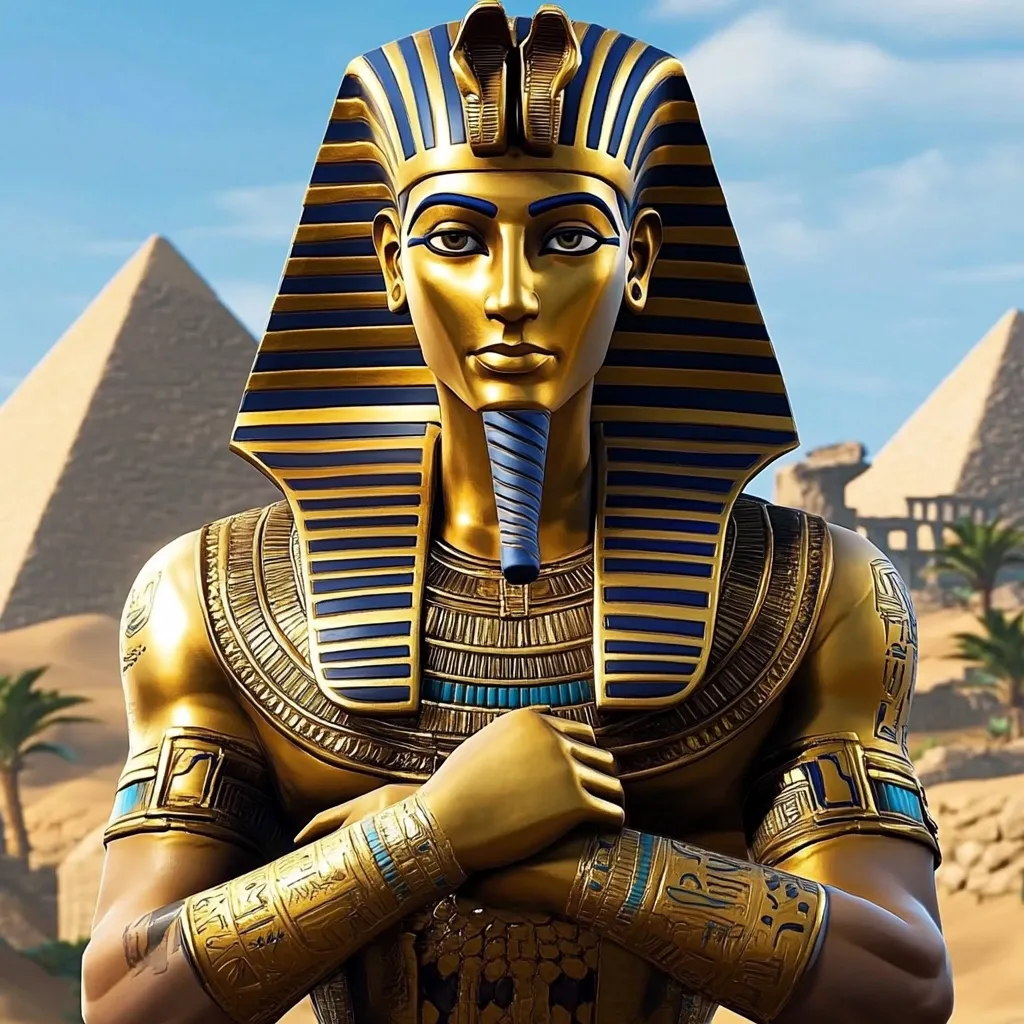 The image showcases a majestic golden statue of an Egyptian pharaoh, adorned in intricate hieroglyphics and a traditional nemes headdress.  The statue's serene expression and crossed arms convey power and authority.  The backdrop features pyramids and desert landscape, enhancing the ancient Egyptian theme.  The statue’s gold is highly polished, reflecting the bright sunlight.  The detail in the craftsmanship is striking, from the headdress to the intricate jewelry.