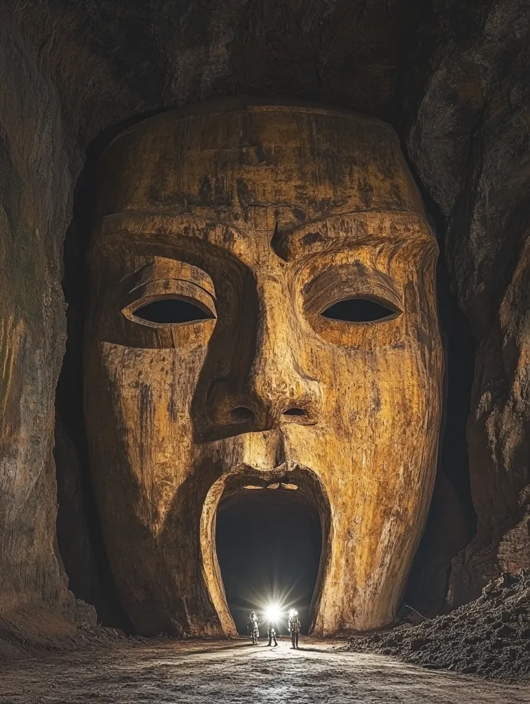 A colossal, weathered wooden face dominates a cavernous space.  Carved with deep-set eyes and a wide-open mouth forming a tunnel, the sculpture's massive scale fills the subterranean environment. Three figures, small in comparison, stand at the entrance of the mouth-like opening, illuminated by a light source, creating a dramatic contrast of scale and lighting. The texture of the wood is evident, showcasing age and weathering. The scene evokes a sense of mystery and awe.