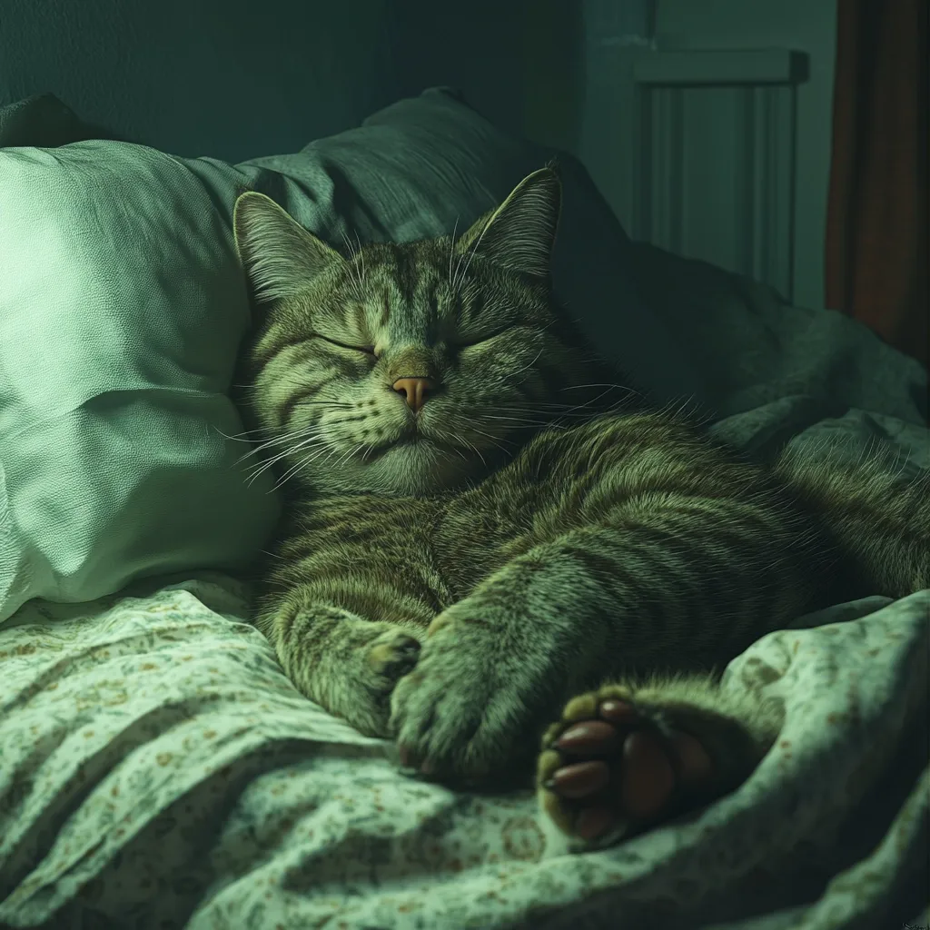 Here's a description of the image:

A tabby cat, its eyes closed in peaceful slumber, rests comfortably nestled in a bed.  The muted, green-toned lighting casts a serene atmosphere. The cat's paws are tucked neatly beneath its body, and its fur appears soft and thick. It lies on a patterned bedding with pillows behind it, creating a cozy and intimate scene. The overall mood is calming and tranquil, suggesting a quiet moment of rest.
