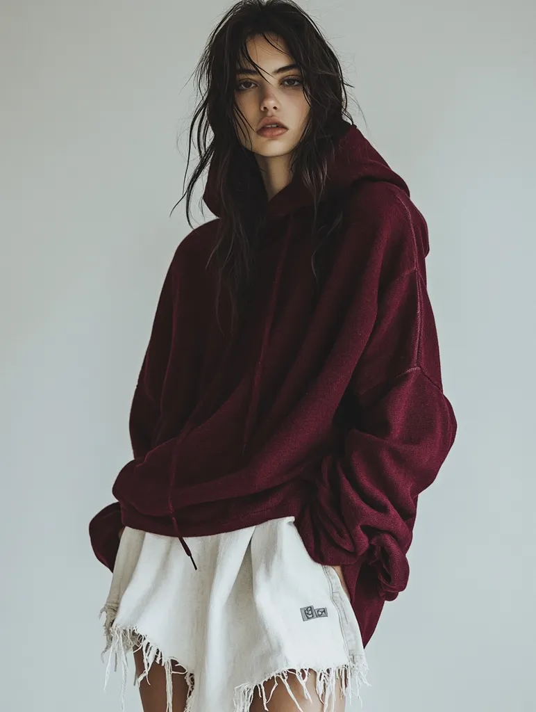 Here's a description of the image:

A young woman with long, dark brown hair models a dark maroon oversized hoodie. The hoodie's sleeves are long and loose, falling past her hands.  Underneath, she wears a pair of off-white, frayed-edge shorts. Her expression is serious, and her gaze is directed toward the viewer. The background is a plain, light gray, drawing focus to the model and her attire. The overall style is casual yet fashionable, with a hint of grunge aesthetic from the distressed shorts.