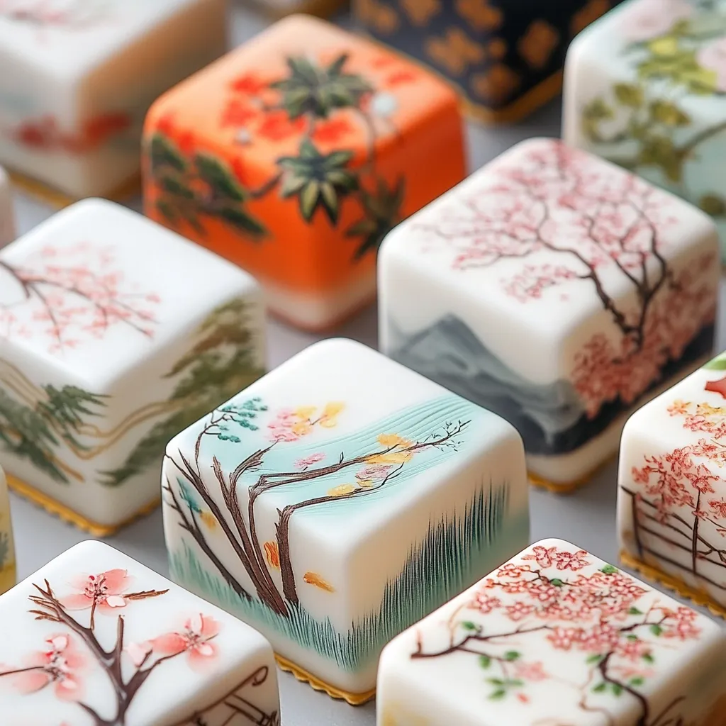 Here's a description of the image:

The image shows a collection of small, square cakes meticulously decorated with delicate Asian-inspired artwork.  Each cake features a different scene, including blossoming cherry trees, stylized landscapes, and autumnal foliage, all painted with fine detail on a smooth, white icing base. The cakes are arranged closely together, creating a visually appealing array of colors and textures.  The overall impression is one of elegance and artistry.