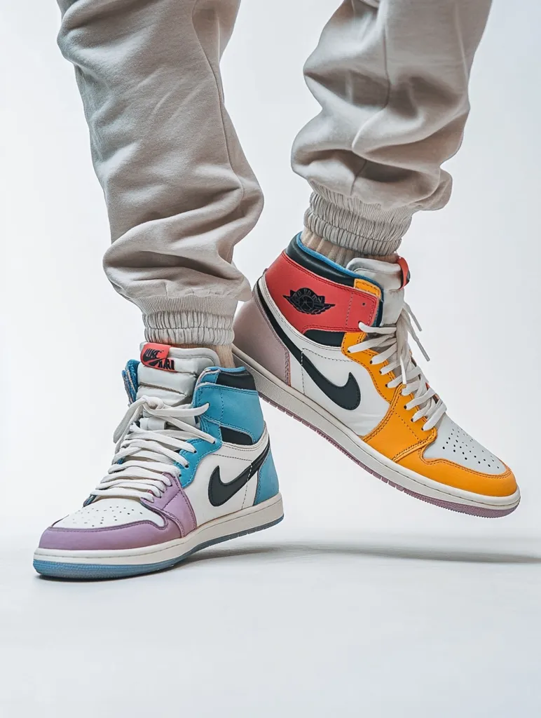 Here's a description of the image:

Close-up view of a person's legs wearing a pair of multicolored Air Jordan 1 high-top sneakers.  The shoes feature a unique color blocking design; one shoe is predominantly pastel purple and light blue, while the other is orange and pale pink. Both shoes have a white midsole and a light-colored outsole. The person is wearing light beige sweatpants that are slightly cuffed at the ankles. The overall image is clean and well-lit, showcasing the sneakers' details against a plain white background. The focus is sharply on the shoes.