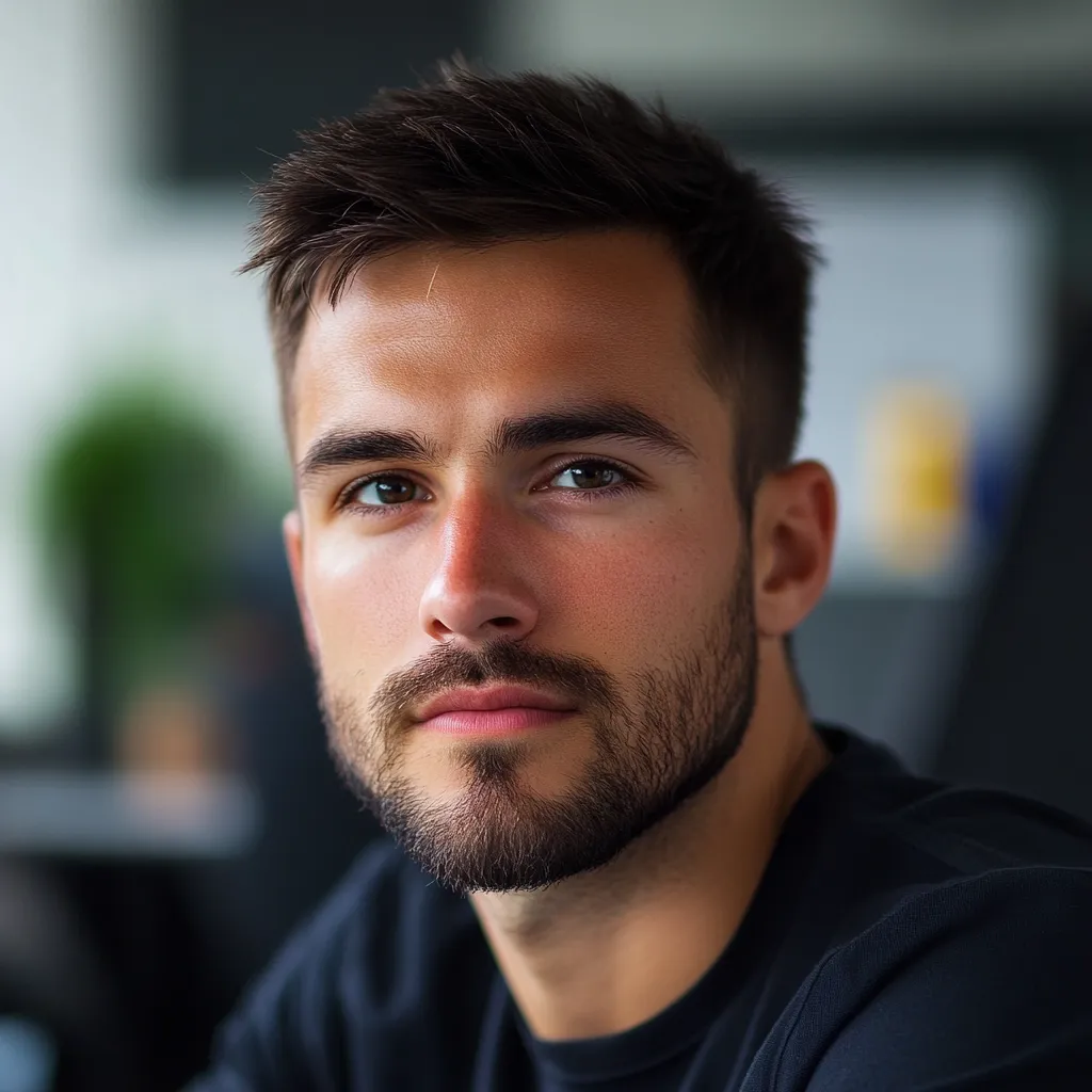 Here's a description of the image:

Close-up portrait of a young man with short, dark brown hair styled upward. He has a well-groomed short beard and mustache. His skin tone is light, and his eyes are brown and expressive. He's wearing a dark, possibly black, crew-neck t-shirt. The background is blurred, suggesting an indoor setting.  The overall impression is one of a serious yet approachable young man. The lighting is soft and highlights his facial features.