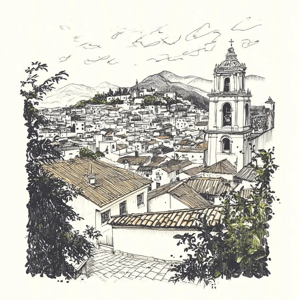Here is a description of the image in 100 words:

The ink drawing depicts a picturesque cityscape nestled in a mountainous region. A prominent bell tower of a church dominates the right side, overlooking a dense collection of whitewashed buildings with terracotta roofs. The architecture suggests a European or Mediterranean setting. The artist uses hatching and cross-hatching techniques to create depth and shadow.  Foliage frames the scene, adding a natural element to the urban landscape. In the background, rolling hills and a clear sky add to the image's serene, almost idyllic quality. The style is reminiscent of travel sketches, capturing a moment in time.
