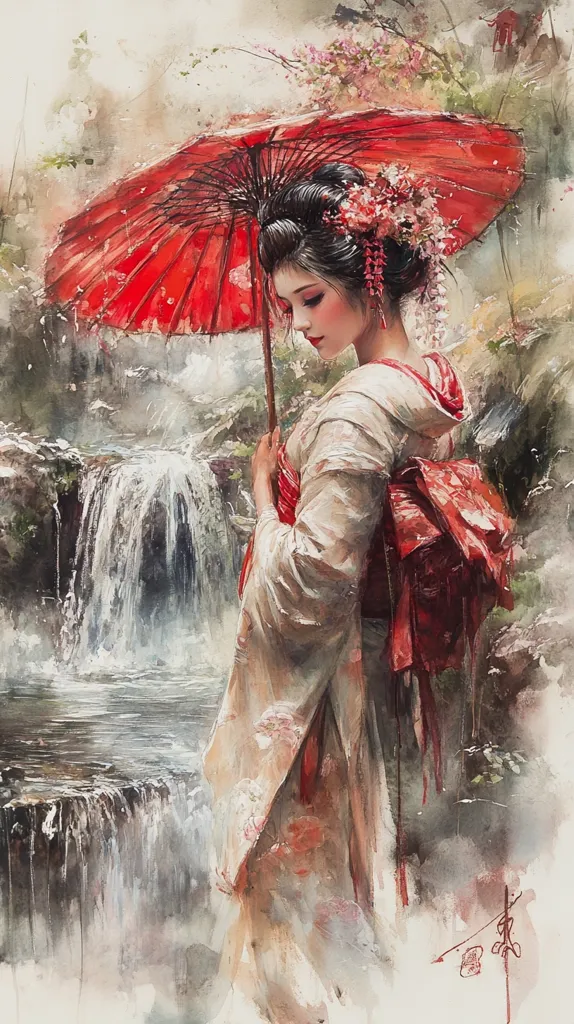 A watercolor painting depicts a serene geisha, adorned in a pale kimono and vibrant red obi, standing beneath a crimson umbrella.  She is positioned before a tranquil waterfall cascading into a still pool.  Pink blossoms decorate her hair and the surrounding landscape, creating a soft, romantic atmosphere.  The artist's signature is subtly placed in the bottom right corner. The painting's style blends realism with a loose, impressionistic approach to the background.