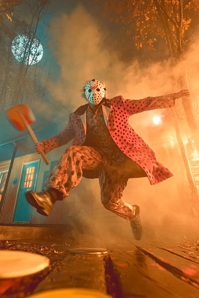 A person wearing a Jason Voorhees hockey mask and a pink polka-dot jumpsuit leaps through the air, brandishing a shovel.  The scene is set at night, under a large, bright moon, with smoke swirling around them near a rustic cabin. The overall atmosphere is eerie and Halloween-themed, suggesting a horror-inspired photoshoot or artwork.  The image is sharply focused on the figure in motion, contrasting with the blurred background.