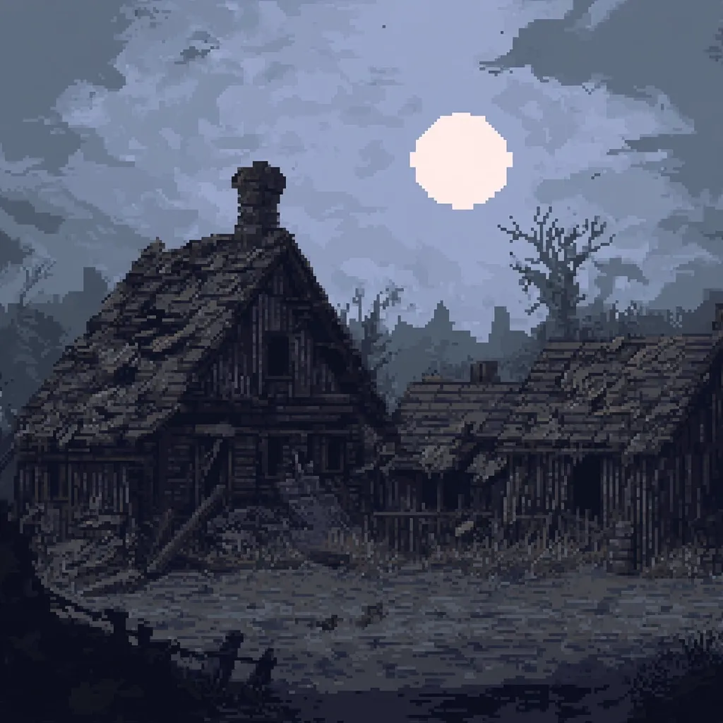 Here's a description of the image:

The pixel art depicts a desolate, nighttime scene. Two dilapidated wooden houses, showing significant decay and disrepair, dominate the foreground.  A large, pale moon hangs in a cloudy, dusky sky.  Bare, skeletal trees stand in the background, adding to the gloomy atmosphere. The overall color palette is muted, using shades of dark gray, blue, and brown, creating a somber and eerie mood. The scene suggests abandonment and a sense of foreboding.