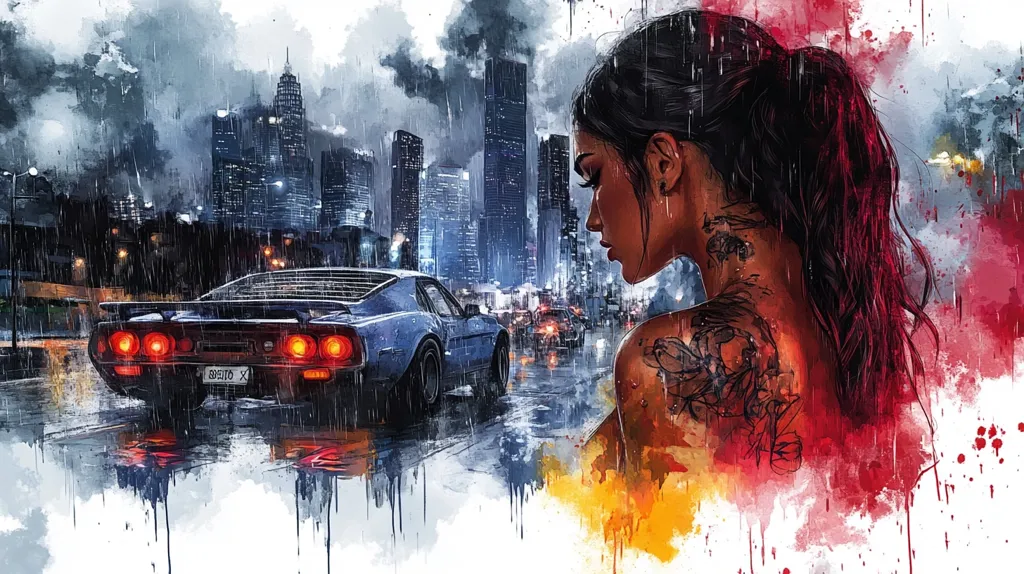 A watercolor-style painting depicts a woman with a back tattoo, her profile facing left, set against a rainy city backdrop.  A classic muscle car drives away in the background, its taillights glowing. The city skyline, filled with tall buildings, is visible under a dark, stormy sky. The overall mood is melancholic and atmospheric, emphasized by the rain and the woman's pensive expression.  The vibrant colors of the woman's tattoo contrast with the muted tones of the urban scene.