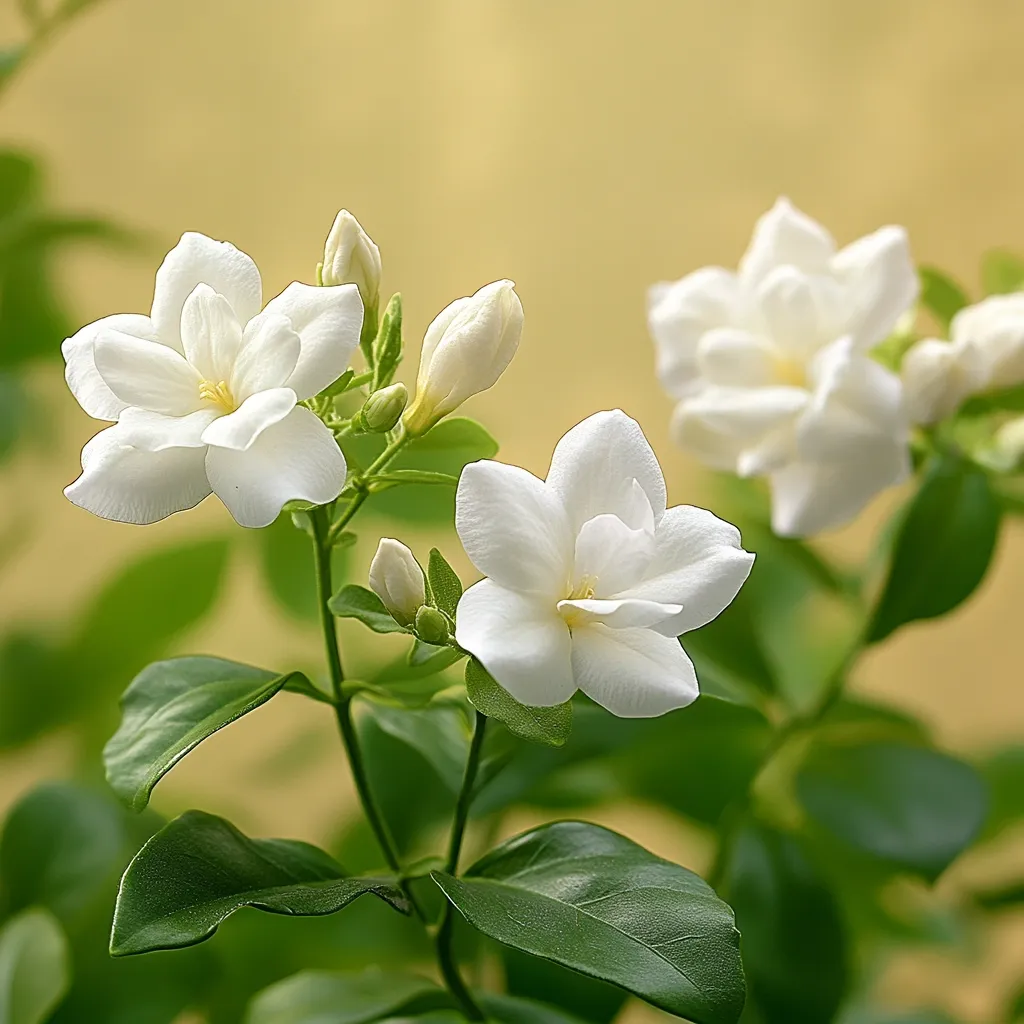 A close-up captures a delicate cluster of white jasmine flowers.  Three blossoms are fully opened, displaying their creamy petals and central stamens, while several buds promise more blooms.  The flowers are nestled amongst vibrant green leaves, set against a soft, blurred golden background. The overall image exudes serenity and natural beauty. The lighting highlights the delicate texture and pure white of the blossoms.