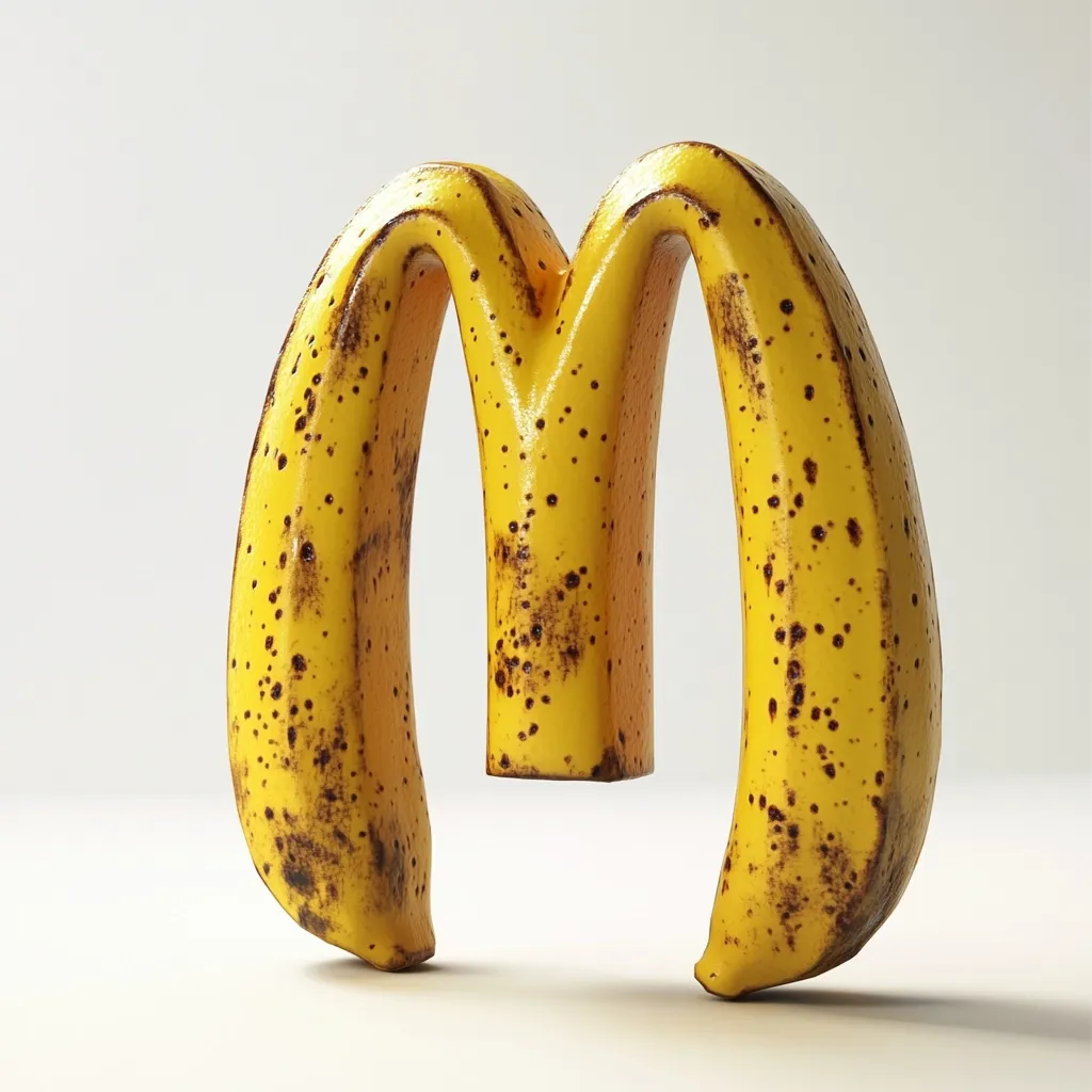 Here's a description of the image:

The image shows a three-dimensional letter "M" sculpted to resemble two overripe bananas. The bananas are a yellowish color with numerous dark brown spots, suggesting they are bruised or overripe. The "M" is presented against a plain white background, highlighting its form and texture. The banana peel's texture is clearly visible, showing its slightly rough surface. The overall style is playful, combining the common letter form with an unexpected, slightly decaying, food-based material.