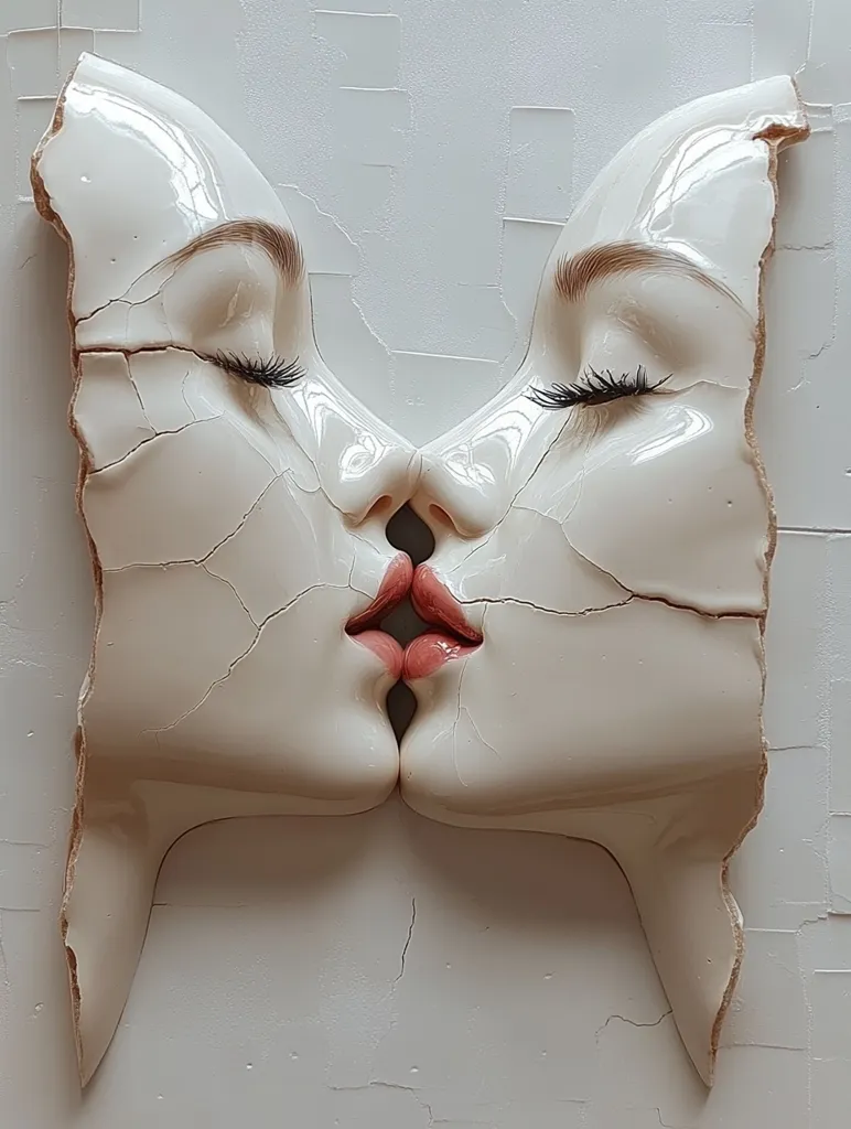 Here's a description of the image:

The artwork depicts a three-dimensional, bas-relief sculpture of two women's faces in a passionate kiss. The faces are rendered in off-white, seemingly ceramic or porcelain, with a cracked, fragmented effect giving a sense of fragility or vulnerability.  Their eyes are closed, and their lips meet in a tender embrace.  The style is hyperrealistic, with meticulously detailed features, but the cracked texture introduces an element of surrealism or decay.  The background is a light, textured off-white wall, subtly contrasting with the sculpture. The overall effect is both beautiful and unsettling, highlighting themes of love, vulnerability, and possibly the transient nature of relationships.