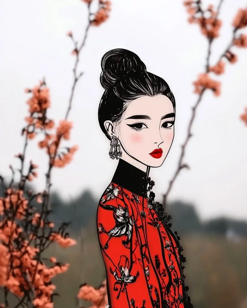 Here's a description of the image:

The illustration showcases a stylish woman with dark hair pulled up in a bun, wearing elegant, dangling earrings.  She's dressed in a striking red, embroidered jacket or dress, featuring black floral detailing. Her makeup includes bold red lipstick and winged eyeliner.  The background is softly blurred, showing delicate, peach-colored blossoms on slender branches, creating a contrast between the sharp lines of the figure and the soft, natural backdrop. The overall style is a blend of fashion illustration and artistic rendering.