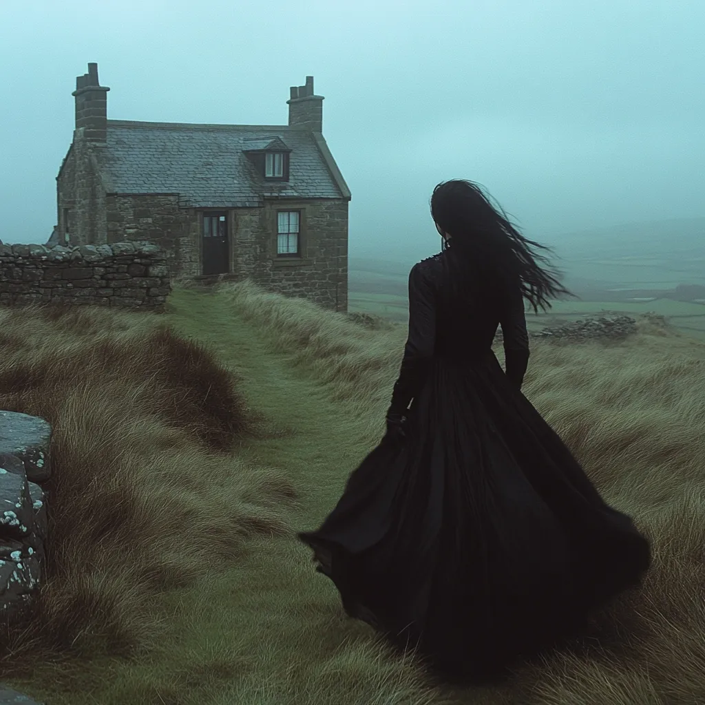 A woman in a flowing black dress walks away from the viewer toward a solitary stone house on a windswept moor.  The scene is shrouded in a misty, muted light, lending an air of mystery and isolation.  Long grasses sway in the wind, contrasting with the stark lines of the house and the woman's dark silhouette.  The overall mood is melancholic and evocative.