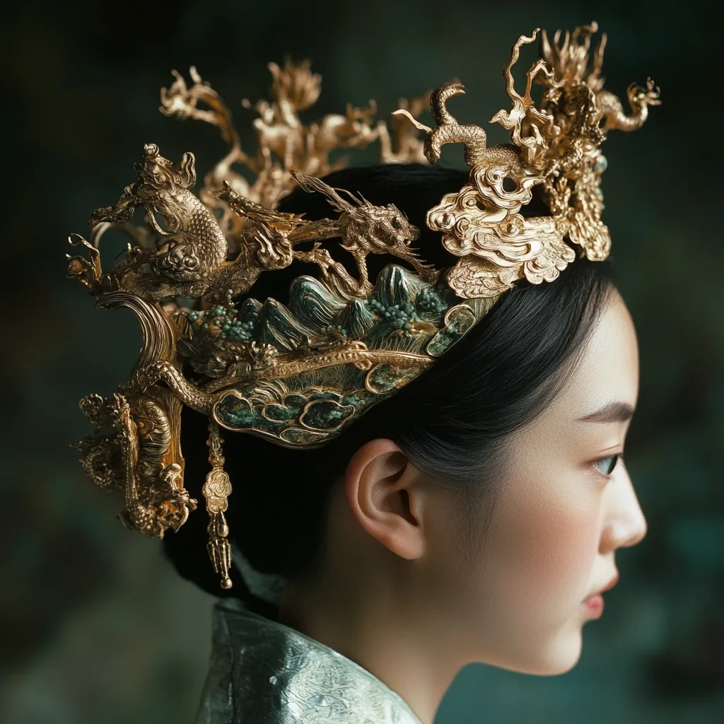Close-up profile view of a young woman with dark hair, wearing an ornate gold headpiece. The headpiece is intricately designed with dragons, clouds, and mountains, incorporating jade or green stones. The gold is richly detailed, showing a high level of craftsmanship. The woman's expression is serene and her gaze is directed to the side.  The background is blurred, focusing attention on the headpiece and the woman's profile. The overall aesthetic is regal and elegant, suggesting a historical or fantasy setting.