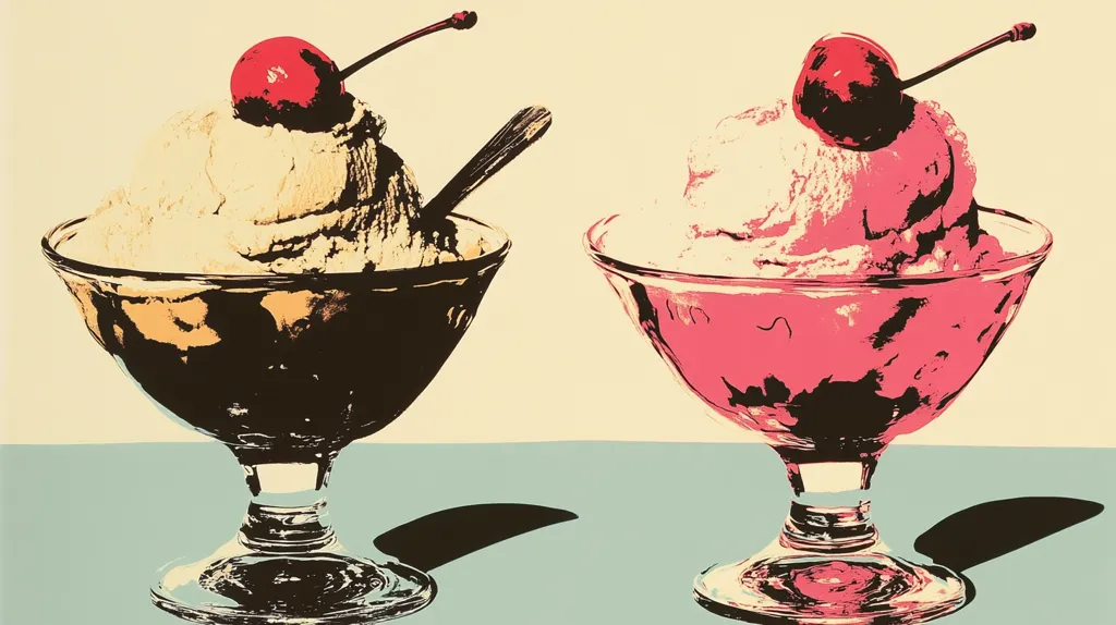 Here's a description of the image:

The image is a stylized depiction of two ice cream sundaes. Each sundae is served in a stemmed glass dessert dish. One sundae features light beige ice cream, while the other is a vibrant pinkish-red. Both are topped with a single, bright red cherry and a small spoon rests on top of the beige sundae.  The style is reminiscent of pop art, with bold, contrasting colors and a simplified representation of texture. The background is a muted, pale yellow-beige, and the table is a soft teal. The overall impression is one of cheerful simplicity and a retro aesthetic.