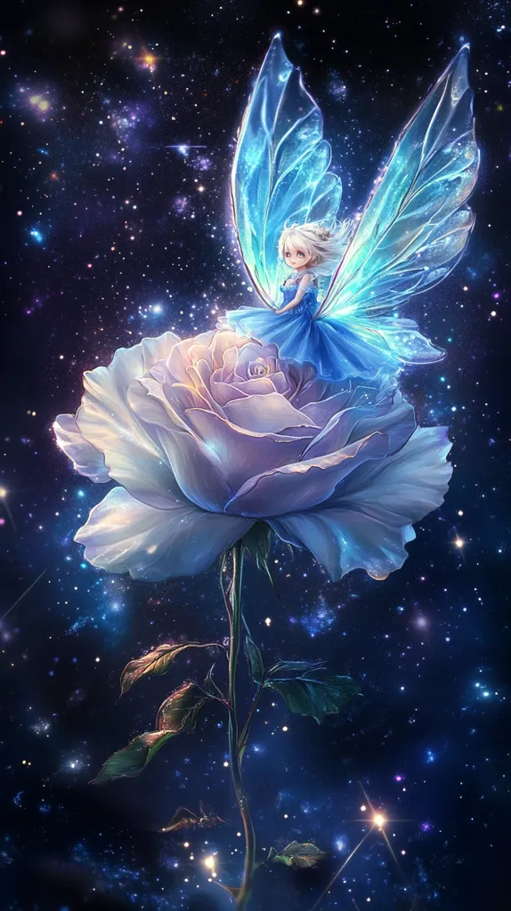 A digital painting depicts a whimsical scene of a fairy perched atop a luminous, oversized white rose.  The fairy, with blonde hair and a blue dress, possesses large, translucent blue wings.  The rose and fairy are softly glowing, set against a backdrop of a deep, starry night sky, twinkling with distant lights and nebulae. The overall effect is dreamy and magical, suggestive of a fantasy world.