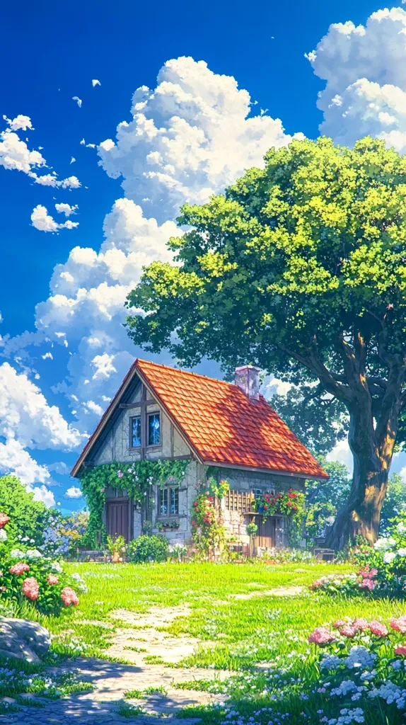 A charming stone cottage with a red-tiled roof sits nestled in a vibrant green lawn, under the shade of a large, lush tree.  Brightly colored flowers bloom in the foreground and along the cottage walls. A sunny blue sky filled with fluffy white clouds provides a picturesque backdrop. A stone path winds through the meticulously kept garden.  The overall style suggests an idyllic, almost whimsical, countryside scene.